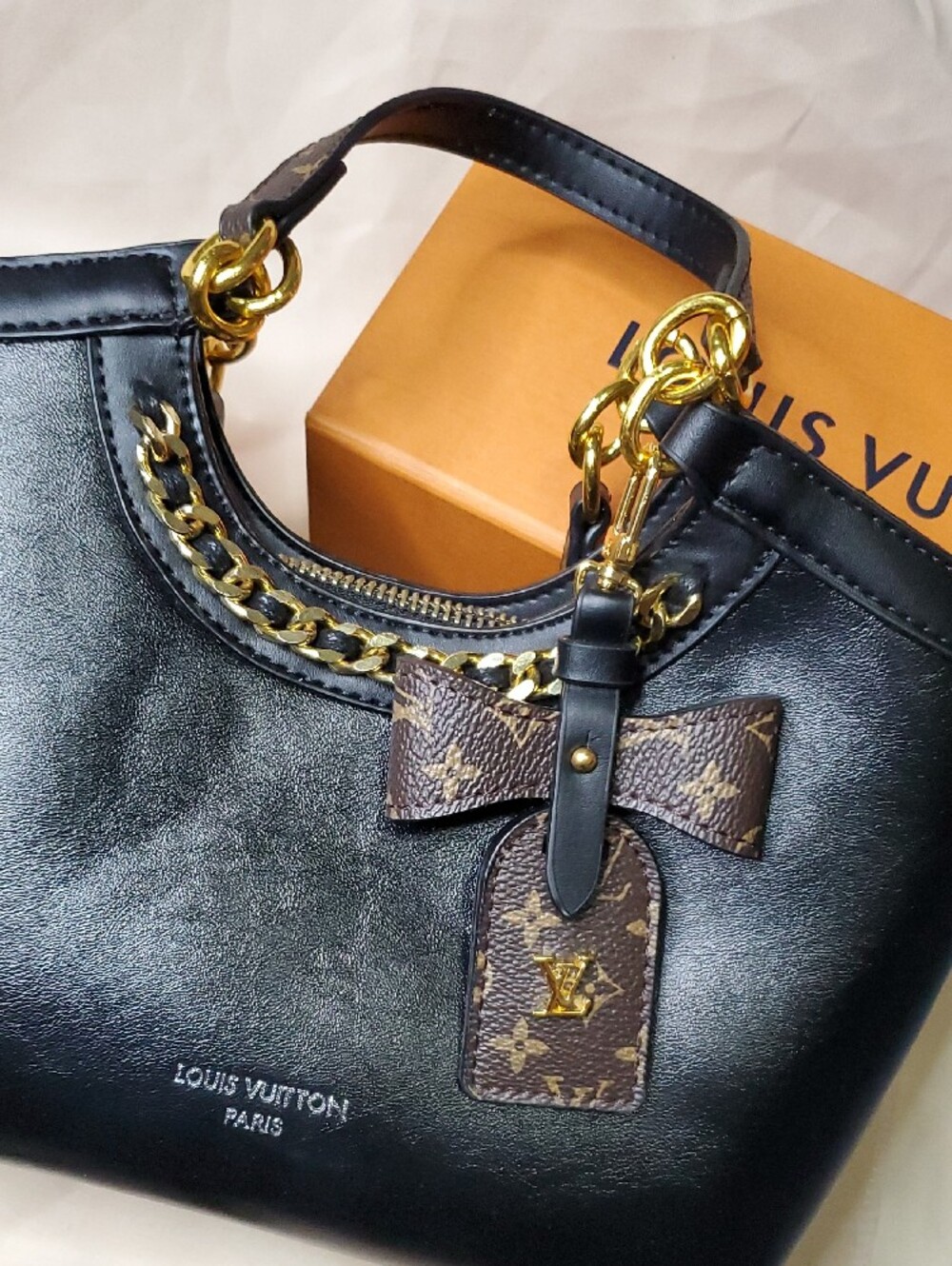 Black Lv Shoulder Bag with Brown Monogram Bow and Gold Hardware - Picture 7 of 14